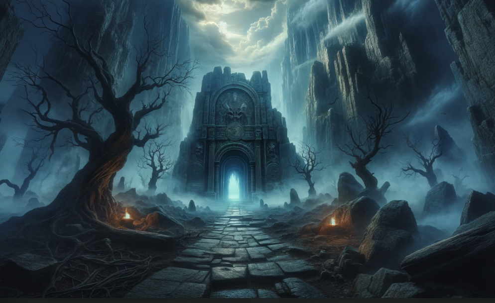 Entrance to Hades with eerie fog and ancient symbols