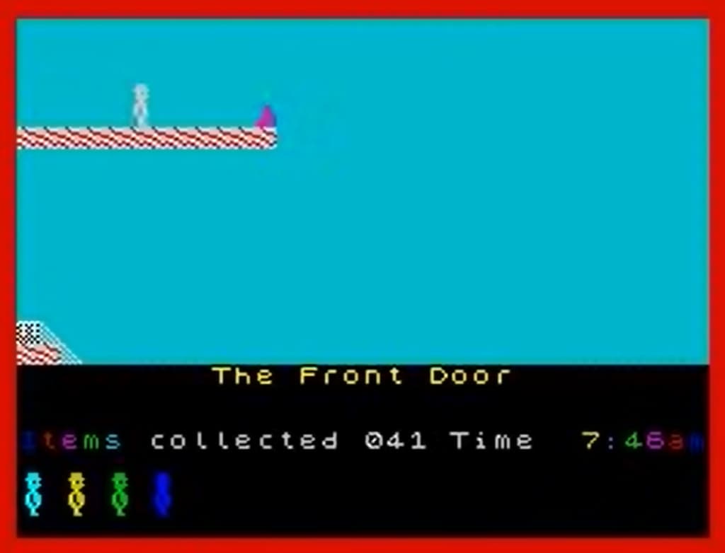 Pixelated in-game screen of "Jet Set Willy," showing a character by a door