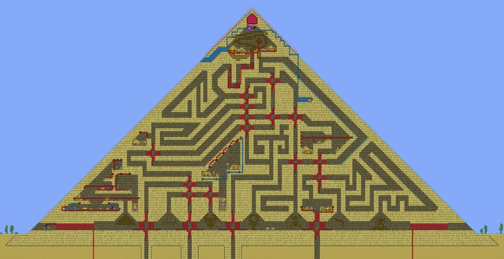 Red-colored labyrinth in the shape of a pyramid