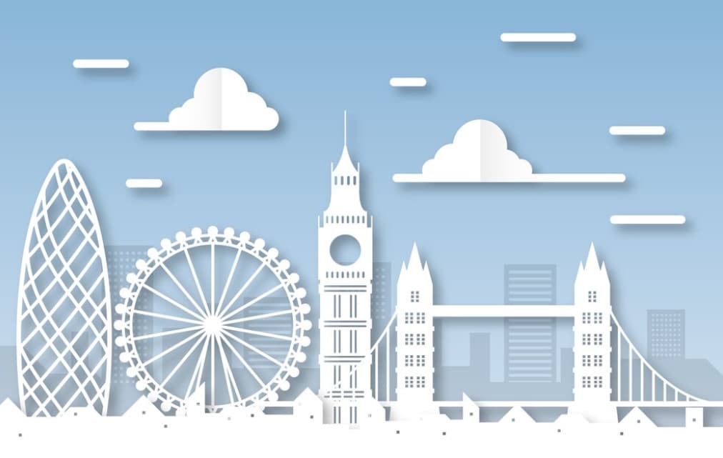 A stylized paper cut-out skyline of London with iconic landmarks