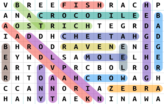 Example of a word search game with highlighted words