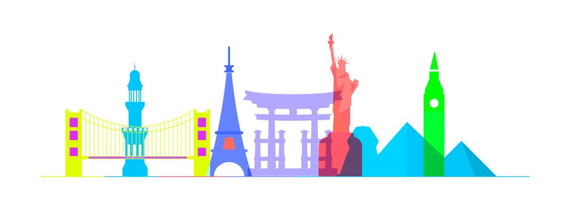 A colorful silhouette of iconic landmarks from around the world aligned in a row