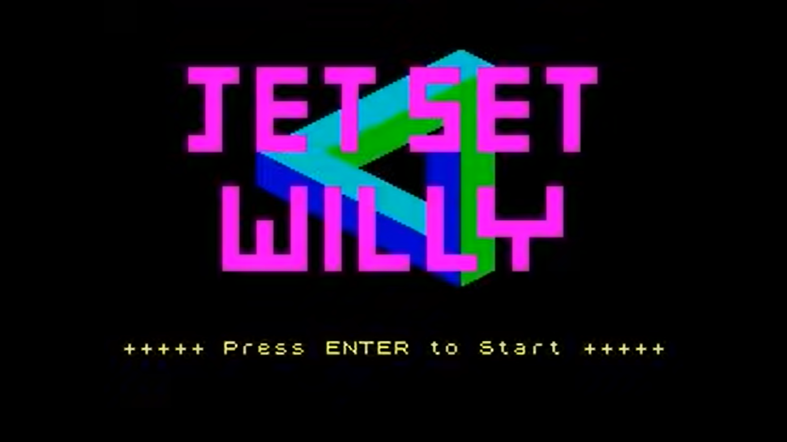 Title screen of the classic video game "Jet Set Willy" with neon colors