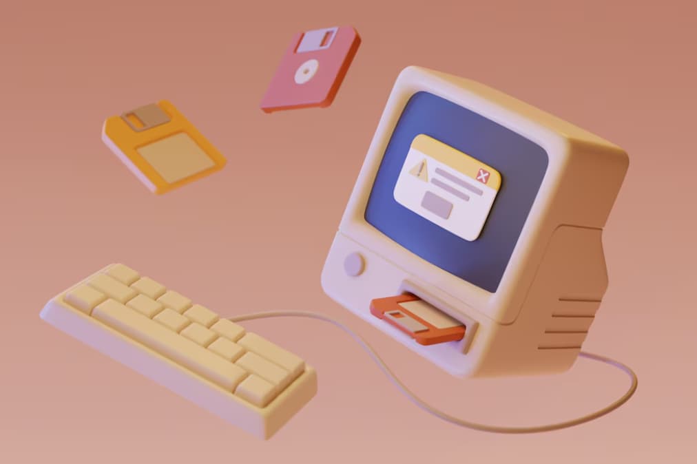 A stylized vintage computer setup with floating diskettes