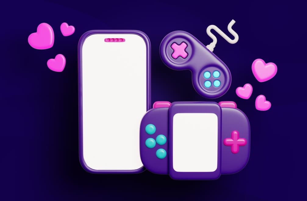 A whimsical display of a phone and game controllers with pink hearts