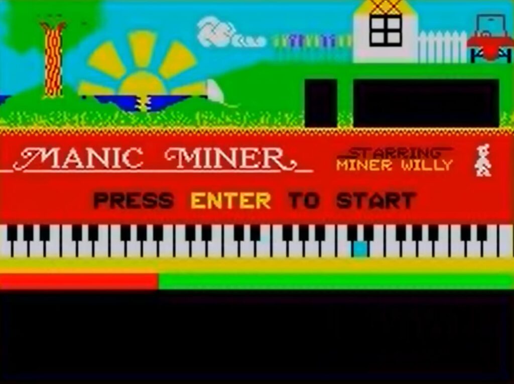 Title screen of 'Manic Miner' game with colorful graphics and a piano keyboard border