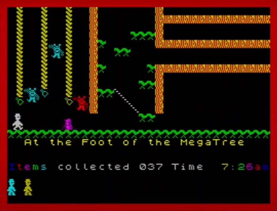 A classic 8-bit video game screen depicting a character at the base of a tree